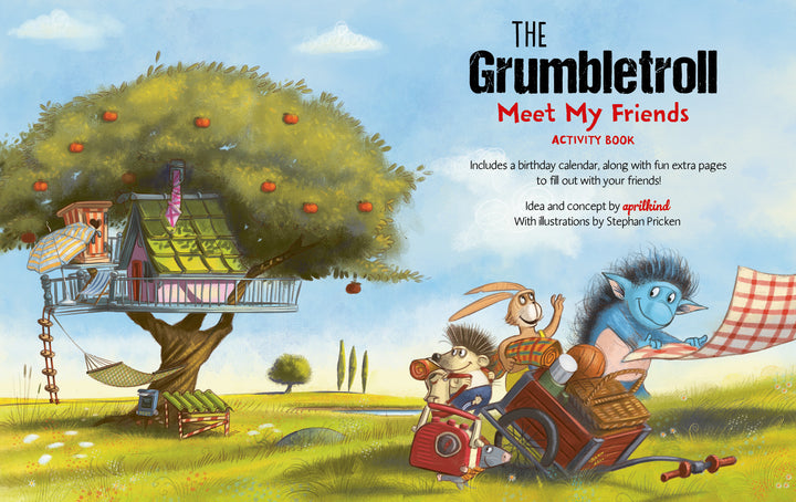 A whimsical illustration shows three animal friends and a blue troll on a cart in front of a treehouse and apples. "The Grumbletroll Meet My Friends Activity Book" by Schiffer Publishing, Ltd. helps kids build friendship and social skills.