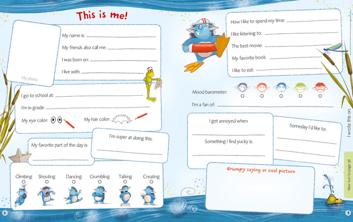 The Grumbletroll Meet My Friends Activity Book by Schiffer Publishing, Ltd. features a bright worksheet with cartoon animals and underwater scenes for kids to fill in their name, grade, mood, and hobbies, inspired by friendship activity book themes.