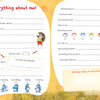 The Grumbletroll Meet My Friends Activity Book by Schiffer Publishing, Ltd. features a colorful two-page spread for kids to fill in facts about themselves, add a photo, and enjoy playful animal and sunflower illustrations.