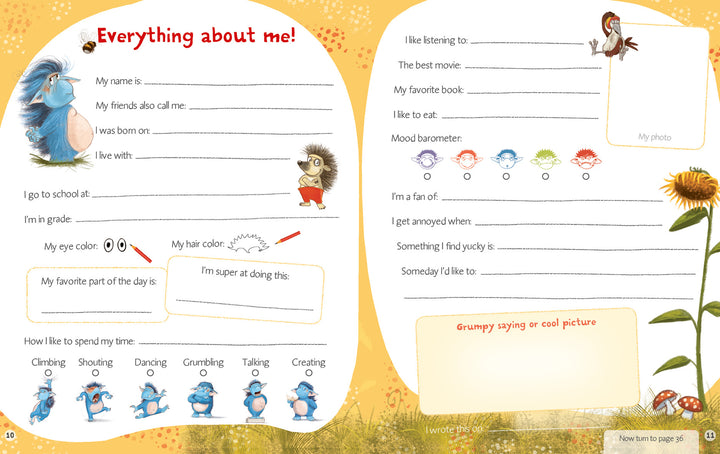 The Grumbletroll Meet My Friends Activity Book by Schiffer Publishing, Ltd. features a colorful two-page spread for kids to fill in facts about themselves, add a photo, and enjoy playful animal and sunflower illustrations.