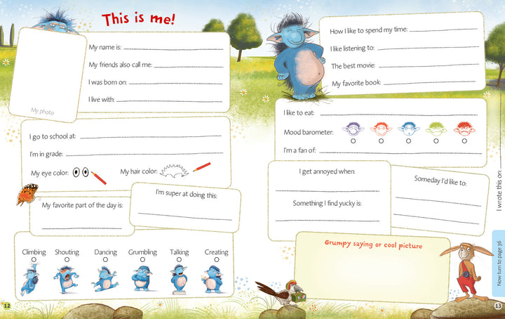A blue monster cartoon inspired by The Grumbletroll Meet My Friends Activity Book from Schiffer Publishing, Ltd.—a fun tool for teaching kids social skills.