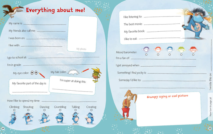 The Grumbletroll Meet My Friends Activity Book by Schiffer Publishing, Ltd. features illustrated pages with cartoon birds and prompts for kids to fill in personal info, favorites, and hobbies—encouraging them to share fun facts about themselves.