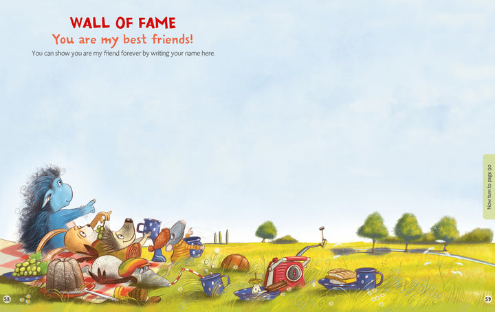 In "The Grumbletroll Meet My Friends Activity Book" by Schiffer Publishing, Ltd., a blue furry creature and four animals picnic on the grass under a blue sky—perfect for friendship-themed fun, with space on the right to write names.