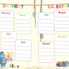 The Grumbletroll Meet My Friends Activity Book by Schiffer Publishing, Ltd. features a colorful birthday calendar with blank monthly lists, playful ribbons, a blue creature with a cake, gifts, a mouse, and fun decorations—ideal for activity book fans.