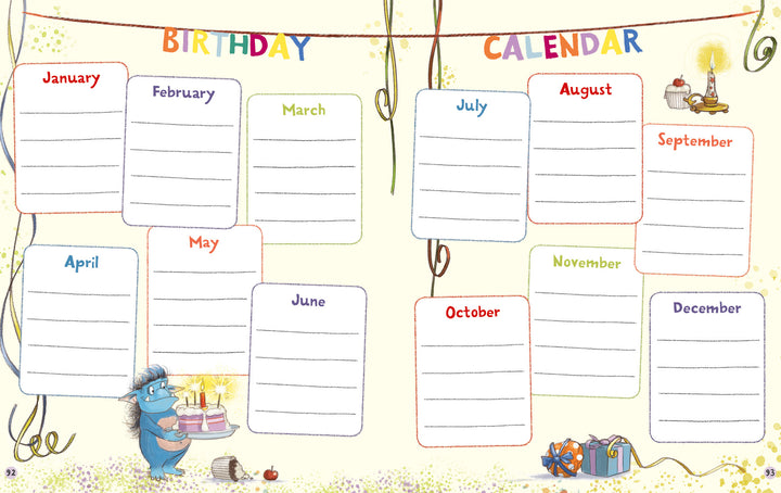 The Grumbletroll Meet My Friends Activity Book by Schiffer Publishing, Ltd. features a colorful birthday calendar with blank monthly lists, playful ribbons, a blue creature with a cake, gifts, a mouse, and fun decorations—ideal for activity book fans.
