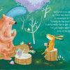 In "Tim's Hat" by Schiffer Publishing, Ltd., a brown bear and yellow rabbit enjoy tea on forest logs with plates of treats nearby, while white birds perch close. This cozy scene evokes a charming, device-free lifestyle.