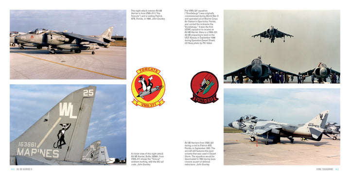 Four photos of AV-8B Harrier II jets on display, with pilots and crew nearby and US Marine Corps squadron logos featured. A close-up reveals a tail marked “WL 25” and "MARINES." From Schiffer Publishing, Ltd.