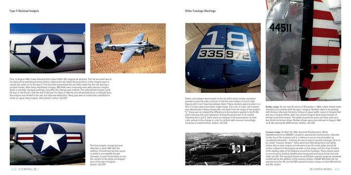 Two pages from "B-25 Mitchell, Vol. 1" by Schiffer Publishing, Ltd. show WWII aircraft insignia: US planes with star roundels, plus a blue tail, white stripes, and a silver tail with black numbers.