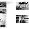A series of black-and-white WWII photos in "B-25 Mitchell, Vol. 2" by Schiffer Publishing, Ltd. captures Japanese dive-bombers and a B-25 Mitchell attacking Allied ships amid explosions and intense aerial combat.