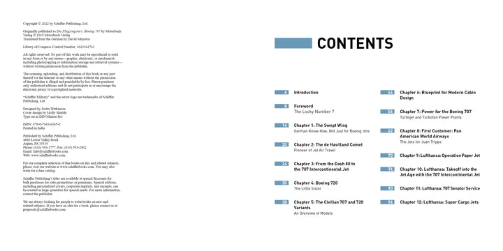 On the left is the copyright page, and on the right is a table of contents listing chapters about passenger aviation and Legends of Flight, including commercial jets such as the Boeing 707 by Schiffer Publishing, Ltd.