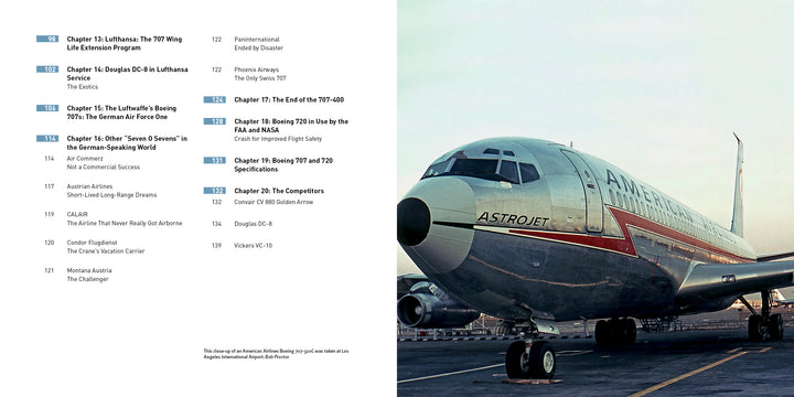 A Boeing 707 model by Schiffer Publishing, Ltd. is shown parked on the tarmac under a cloudy sky, featuring visible nose, front landing gear, and American Airlines branding on the fuselage.
