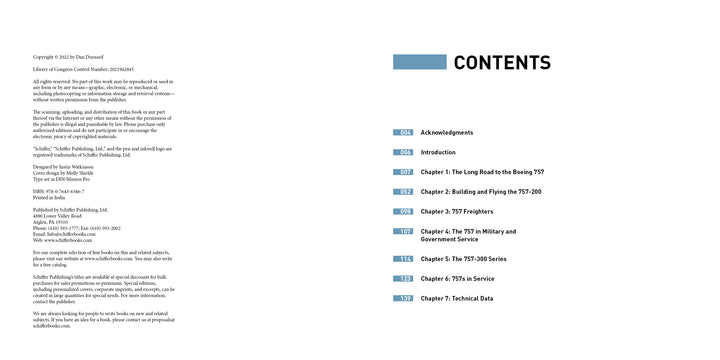 The contents page of Schiffer Publishing, Ltd.'s "Boeing 757" features acknowledgments, introduction, and chapters on the Boeing 757's development, build, cargo/military roles, overwater flights, variants, service, and technical data.
