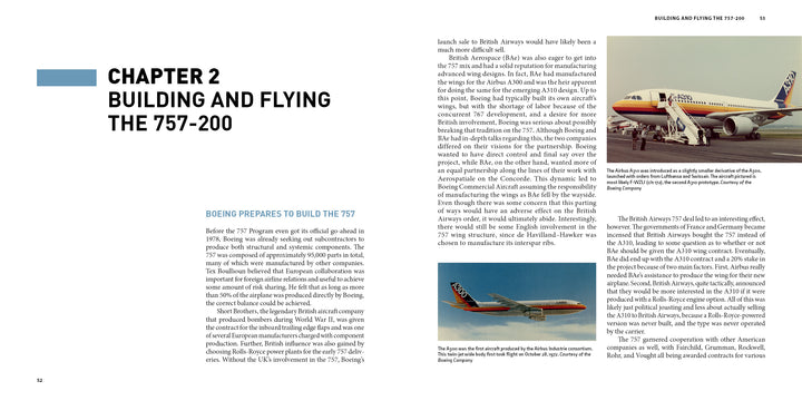 A book spread from Schiffer Publishing, Ltd.'s "Boeing 757" shows Chapter 2, "Building and Flying the Boeing 757-200," featuring two color photos of this fuel-efficient jet and detailed text about its development and construction.