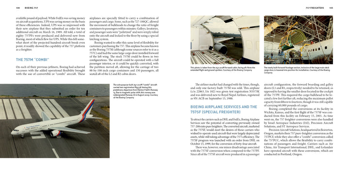 The Boeing 757 by Schiffer Publishing, Ltd. is displayed on the runway, with insets of its cargo hold and freighter interior; text highlights 757 Combi and freighter services as ideal for long-range overwater operations.