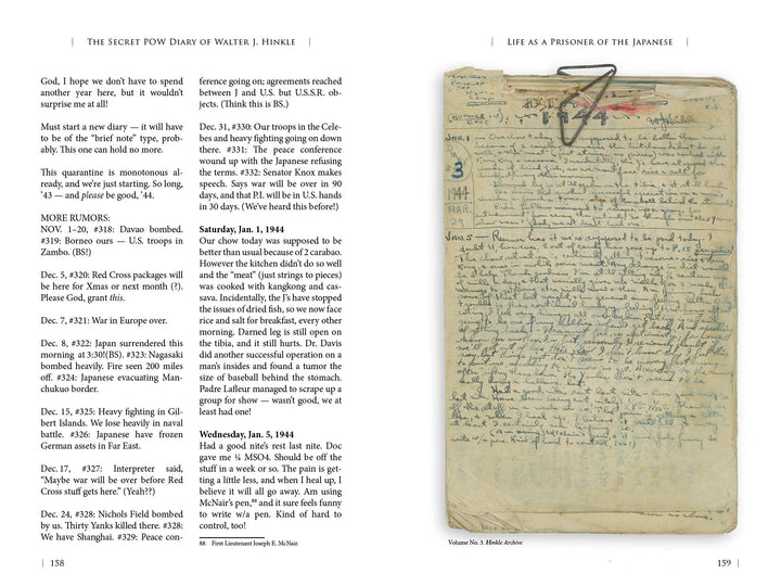 On the right is a scanned, handwritten page from *The Secret POW Diary of Walter J. Hinkle* (Schiffer Publishing, Ltd.), with sketches and notes; typed excerpts and commentary on life at Davao Penal Colony are shown on the left and bottom.