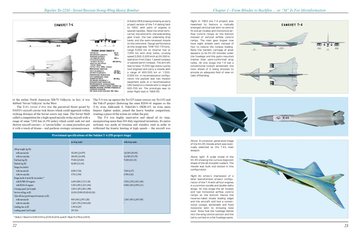 Schiffer Publishing, Ltd.'s Tupolev Tu-22M book features two pages of illustrations, side views, specs, technical tables, and descriptive text on Soviet aircraft, including the Tu-22M Backfire, T-4, T-4MS, Sukhoi T-4, and proposed designs.