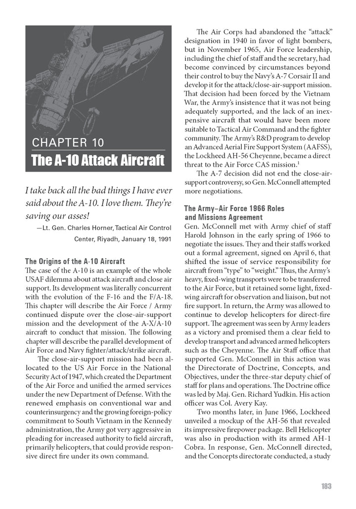 A textbook page from "US Attack Aviation" by Schiffer Publishing, Ltd. features “Chapter 10: The A-10 Attack Aircraft,” a quote on its effectiveness, and sections on its US origins, Air Force roles, and key program decisions.