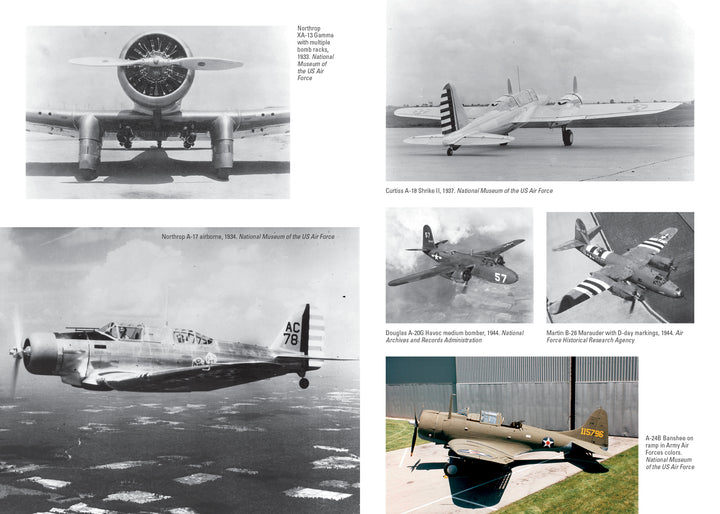 A collage from Schiffer Publishing, Ltd.'s "US Attack Aviation" shows six labeled black-and-white and color photos of vintage American military attack aircraft on the ground and in flight, spotlighting US attack aviation history.