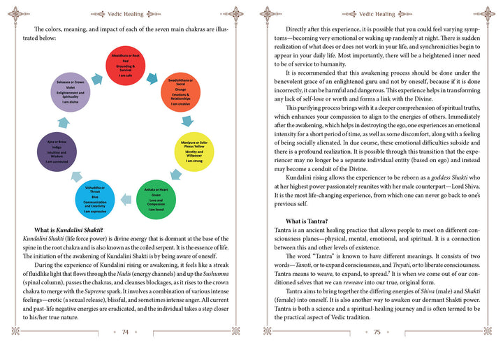 A two-page spread from "A Peek into Vedic Wellness" by Schiffer Publishing, Ltd. The left page shows a circular chakra chart with labeled colored circles; the right has text on Kundalini Shakti, Tantra, and spiritual healing.