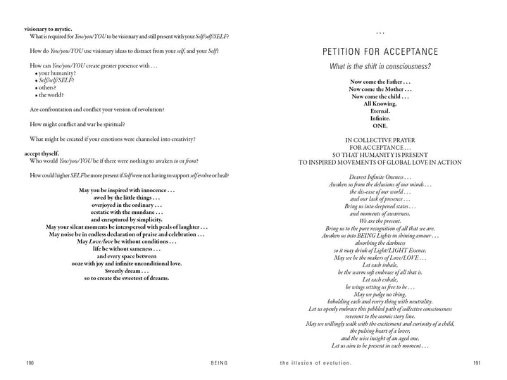 A two-page spread from Being by Schiffer Publishing, Ltd.: The left page discusses self-realization, acceptance, and consciousness via bullets and questions; the right, titled "Petition for Acceptance," presents a poetic, centered prayer on personal transformation.
