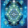 A vibrant Celestial Frequencies oracle card by Schiffer Publishing, Ltd. features 528 Hz at the top, green and blue geometric patterns with light bursts, and reads “Miracles – 528 Hz Miracles Healing Code” with symbols and the number 35 for intuitive guidance.