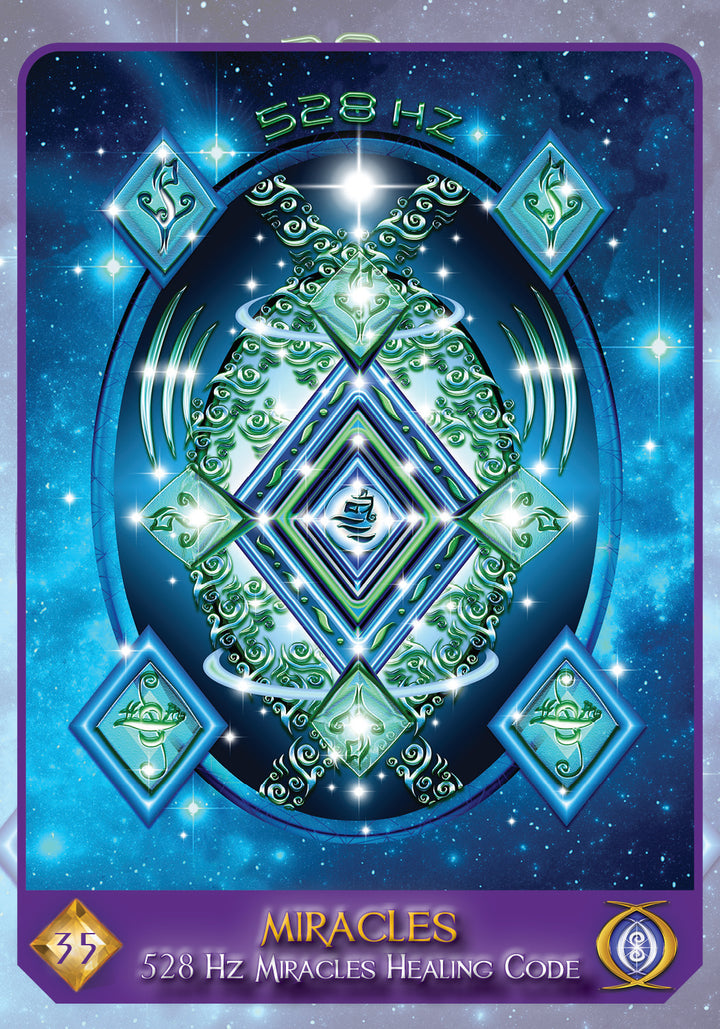 A vibrant Celestial Frequencies oracle card by Schiffer Publishing, Ltd. features 528 Hz at the top, green and blue geometric patterns with light bursts, and reads “Miracles – 528 Hz Miracles Healing Code” with symbols and the number 35 for intuitive guidance.