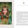 A woman in a green robe and crown of branches stands amid birds and butterflies, holding a golden pentacle. With serene leafy art, "Enchanting Creativity" by Schiffer Publishing, Ltd. inspires journaling; text appears on the right page.