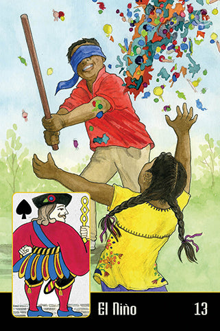 A smiling, blindfolded boy swings at a piñata, scattering candies as a girl in yellow reaches up. Inset: jack of spades card echoes Lenormand style. Text: El Niño, number 13. From La Santa Muerte Lenormand by Schiffer Publishing, Ltd.