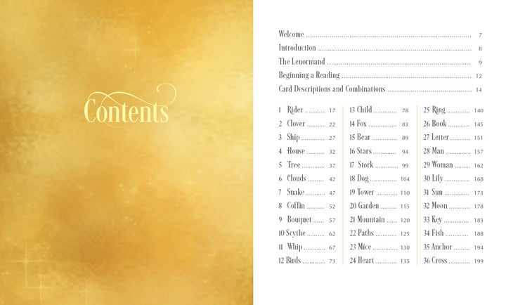 The Lenormand of Enchantment by Schiffer Publishing, Ltd. features a table of contents with a gold textured left side and white right page, listing sections and cards 1–36 in an elegant font, each titled and numbered for easy reference.