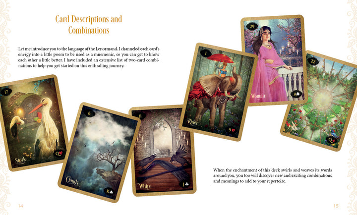Five ornate cards from Schiffer Publishing’s Lenormand of Enchantment deck are displayed diagonally, each with whimsical illustrations. Guidebook text describes the card meanings and combinations.