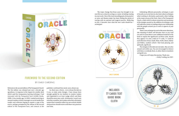 Image shows a promo layout for Transparent Oracle by Schiffer Publishing, Ltd., highlighting its see-through cards, card box, sample art, foreword, and details about the 77 cards, guidebook, and cloth.