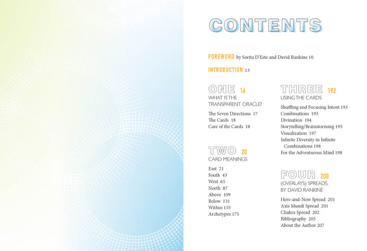 A light blue and white page with a blue "Contents" heading features abstract dots in the style of the Transparent Oracle by Schiffer Publishing, Ltd. Four main sections list page numbers, subheadings, authors, starting with Foreword and Introduction.