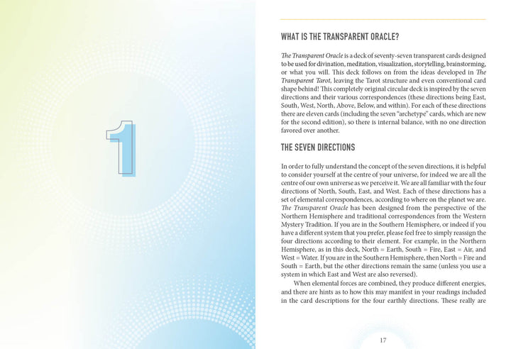 A book spread for Transparent Oracle by Schiffer Publishing, Ltd. shows a blue-green gradient background. The left page displays a large translucent 1; the right page has "What is the Transparent Oracle?" and "The Seven Directions," inspired by see-through cards.