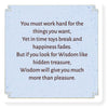 A decorative blue plaque that reads: Strive for your goals, but remember—like Wisdom for Wee Ones from Schiffer Publishing, Ltd., true wisdom is more valuable than temporary joys. Seek it as you would hidden treasure.