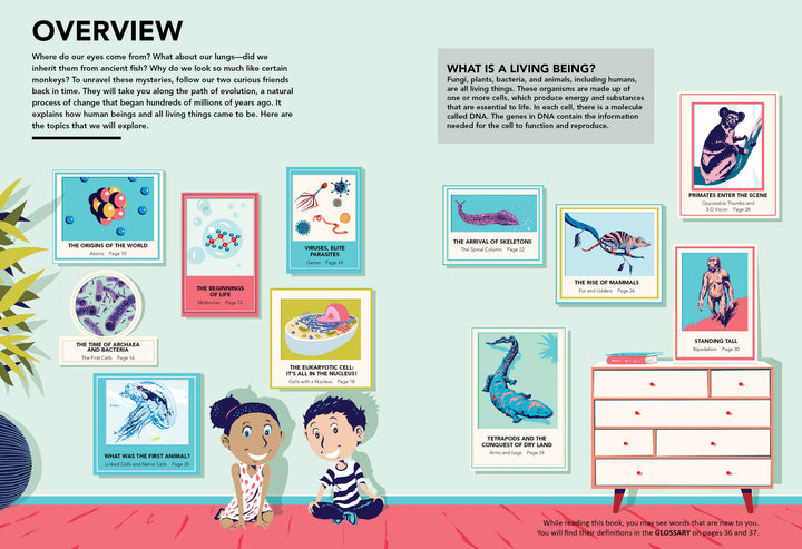 Two children sit on the floor, smiling, in a colorful room decorated with animal art and science posters. Nearby, a dresser holds a globe, books, and "Evolutions" by Schiffer Publishing, Ltd., an illustrated evolution book for kids.
