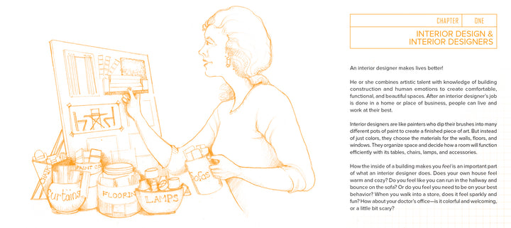 A woman sketches interior plans at an easel, surrounded by boxes labeled PAINT, FLOORING, and LAMPS. On the right, "The Future Interior Designer’s Handbook" by Schiffer Publishing, Ltd. offers tips on design techniques and the role of a designer.