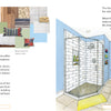 A spread from The Future Interior Designer’s Handbook by Schiffer Publishing, Ltd. displays a cozy living room mood board with textured pillows and wood flooring on the left and a hand-drawn spacious bathroom with a glass shower on the right.