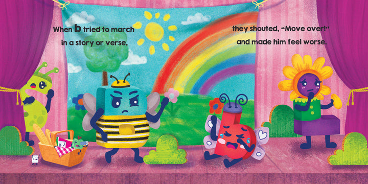 A colorful stage from "Big P Takes a Fall (and That’s Not All)" by Schiffer Publishing, Ltd. shows cartoon letters as characters—a green alien, sad bee, crying heart, and worried sunflower—against a rainbow backdrop with a picnic basket.