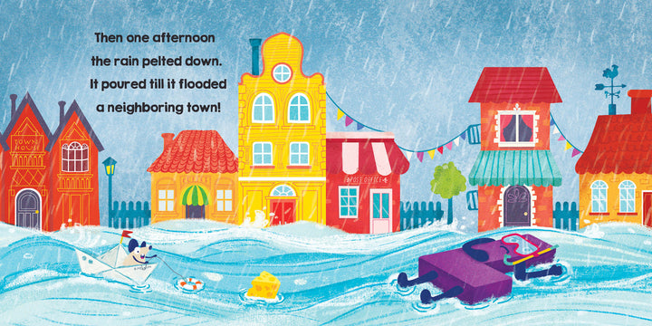 A cartoon of heavy rain flooding a colorful town, with water, floating objects, and a dog in a rowboat on an alphabet adventure. "Big P Takes a Fall (and That’s Not All)" by Schiffer Publishing, Ltd. Text appears on the left side.