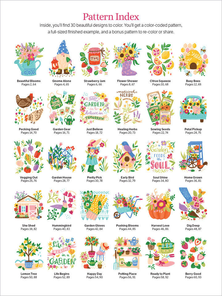 ColorMaps: Garden by Schiffer Publishing, Ltd. features a vibrant index page with 30 garden-themed designs—flowers, plants, houses, and produce—each box displays its pattern name, color code, and page number for stress-free coloring.