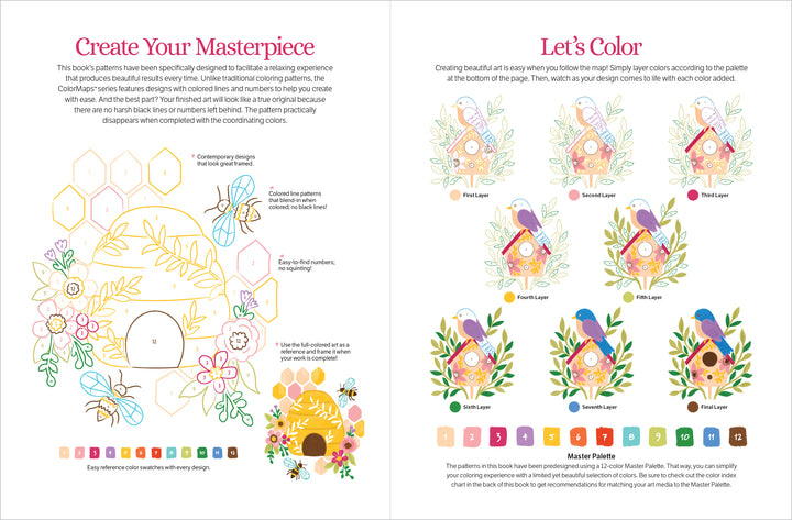 Schiffer Publishing, Ltd.'s ColorMaps: Garden features two vibrant pages: a color-by-number birdhouse design on the left and nine finished, color-coded birdhouses on the right, plus text instructions to guide your coloring and color choices.