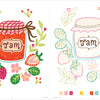 Two illustrated jars of strawberry jam with strawberries, flowers, and leaves—one in full color, the other with pastel outlines—feature in Schiffer Publishing, Ltd.’s ColorMaps: Garden, perfect for stress-free adult coloring.