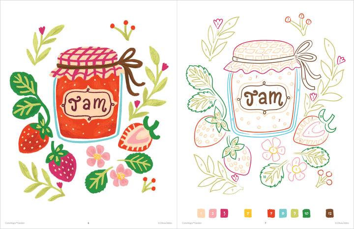 Two illustrated jars of strawberry jam with strawberries, flowers, and leaves—one in full color, the other with pastel outlines—feature in Schiffer Publishing, Ltd.’s ColorMaps: Garden, perfect for stress-free adult coloring.