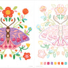 ColorMaps: Be Happy by Schiffer Publishing, Ltd. features a symmetrical moth with purple wings and vibrant flowers on the left, plus a matching outlined coloring page and color key—perfect for stress-free coloring fun.
