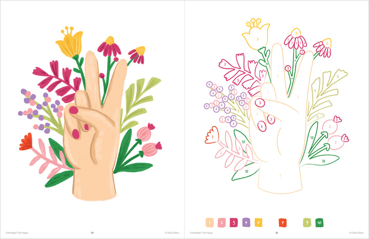 In Schiffer Publishing, Ltd.'s ColorMaps: Be Happy, an illustrated hand with pink nail polish makes a peace sign amid colorful flowers. The right side offers a stress-free color-by-number version with patterns and a key at the bottom.