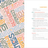 The image shows a contents page from Illustrated Enneagram by Schiffer Publishing, Ltd., with chapters on the Enneagram and self-development, and overlapping colorful words like “STRENGTH,” “EMPATHY,” and “KINDNESS” in various fonts on the left page.