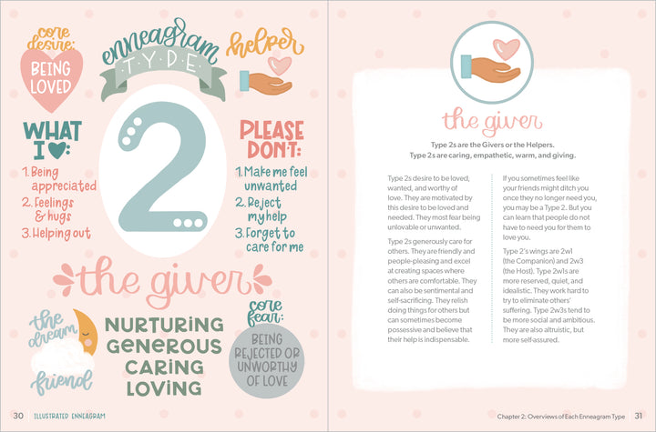 The Illustrated Enneagram by Schiffer Publishing, Ltd. features a vibrant two-page Type 2 spread: nurturing traits on the left for self-growth fans, and a soft illustration with insightful description on the right.