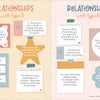 The Illustrated Enneagram from Schiffer Publishing, Ltd. features two pastel pages (144–145) with relationship tips for types 5 and 6 in colored boxes and sticky notes—ideal for self-development and adorned with hearts and soft backgrounds.