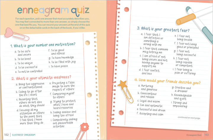 The Illustrated Enneagram by Schiffer Publishing, Ltd. features a two-page Enneagram quiz in a pastel, notebook-style layout with multiple-choice questions and playful accents—ideal for self-development enthusiasts.