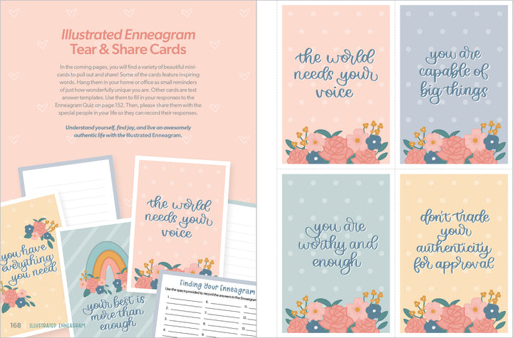 Discover the Illustrated Enneagram by Schiffer Publishing, Ltd.—a pastel page featuring floral Enneagram tear & share cards with uplifting affirmations like “the world needs your voice” and “don’t trade your authenticity for approval.”.